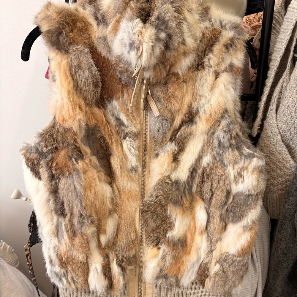 Rabbit Fur Zip-Front Vest in Mixed Neutrals